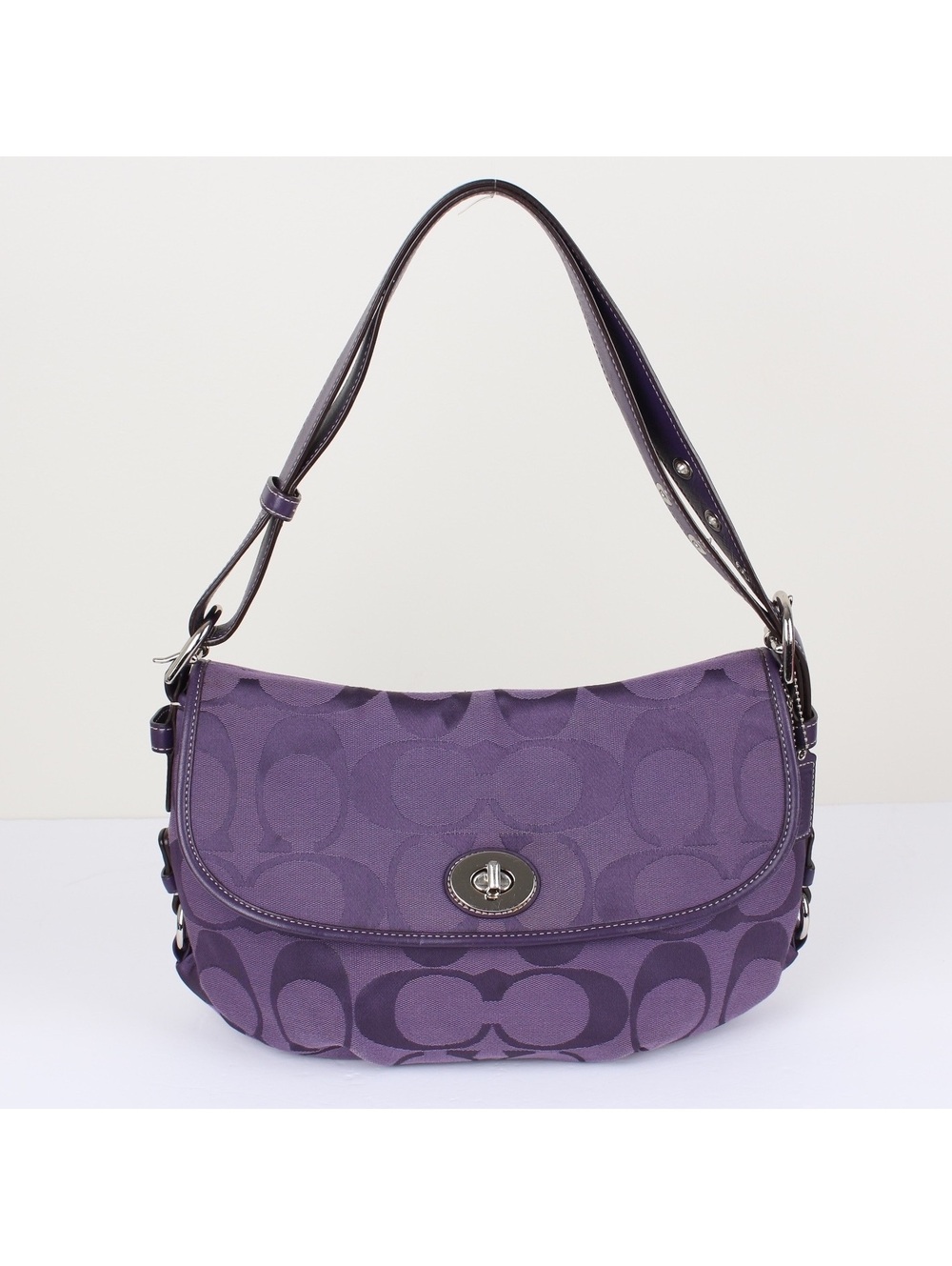 Coach F15171 Signature Flap Duffle Shoulder Bag Purple Canvas Turnlock Y2K